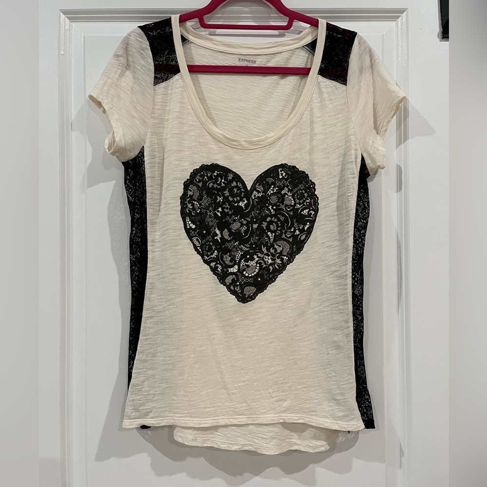 Express Cream and Black Heart Lace Top